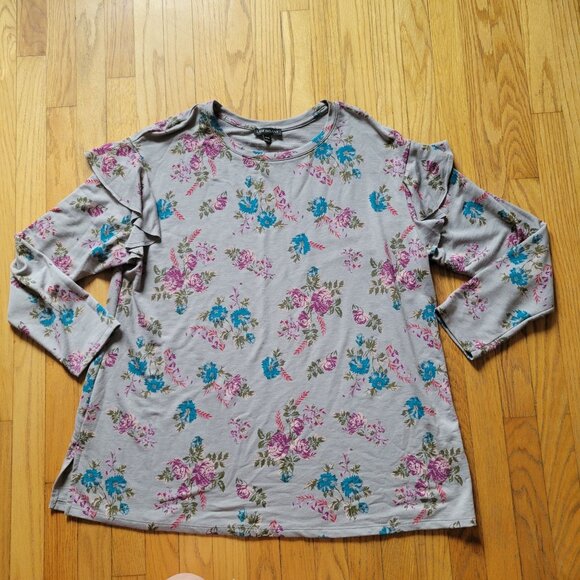Lane Bryant Floral Print Long Sleeve Ruffle Detail Top 18/20 Gray Pink Blue - Picture 3 of 6